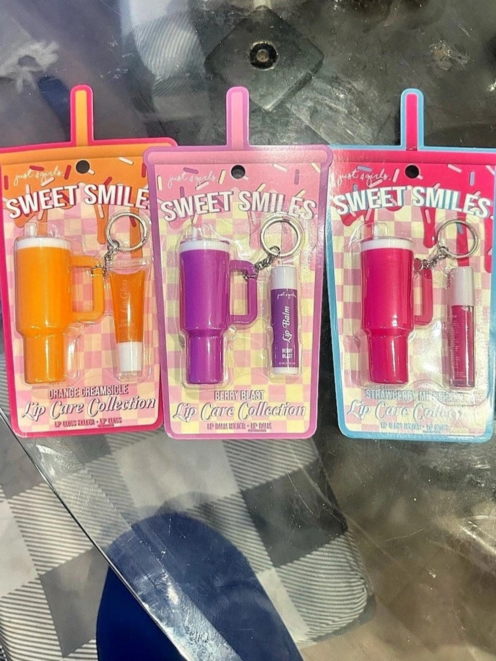 Sweet Smiles Tumbler Lip Gloss Keychain Set Lot of 3 NEW Just 4 Girls Y2K Cute